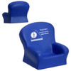 A blue stress reliever shaped like a chair, featuring a logo on one side. Suitable for stress relief and fun.