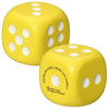 A yellow dice-shaped stress reliever with white dots and a logo on one side.