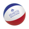 A colourful beach ball shape stress reliever in red, white, and blue with a logo printed on it.