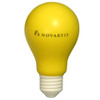 A yellow bulb-shaped stress reliever with a white base and a logo on the surface.