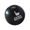 A black bowling ball-shaped stress reliever featuring a logo on its surface.