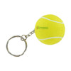 A yellow tennis ball stress item attached to a keyring, featuring a logo.