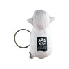 A white sheep-shaped stress reliever attached to a keyring, featuring a logo on its side.
