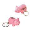 A pink keyring featuring a mini pig stress item, with a keyring attachment and a logo on its side.