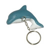 A teal and white dolphin-shaped stress reliever keyring attached to a metal chain. It features a logo.