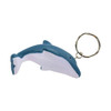 A blue and white dolphin-shaped stress reliever attached to a metal keyring.