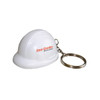 A white helmet-shaped stress reliever attached to a metal keyring, featuring a logo.