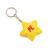 A yellow star-shaped stress reliever attached to a metal keyring with a logo.