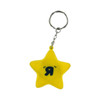A yellow star-shaped stress reliever attached to a keyring, featuring a small symbol in black.