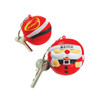 A red Santa stress reliever keyring featuring a smiling Santa and a key attached. It has a branding logo on one side.