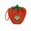 A keyring shaped like a red strawberry, featuring green leaves and a logo on the front.