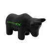 A black bull-shaped stress reliever with a logo on its side, designed for fun and stress relief.