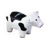 A stress reliever in the shape of a white and black cow with a cute facial design and a logo on its side.