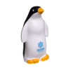 A penguin-shaped stress reliever in black, white, and yellow, with a logo on its front.