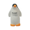 A penguin-shaped stress reliever in white and black with orange accents; features a logo.