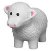 A white sheep-shaped stress reliever with textured wool and black eyes, featuring a pink snout and ears.