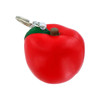 Red apple stress reliever keyring with a green leaf and a small attachment. Includes a metal keyring loop.