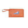 An orange stationery set pouch with a logo, featuring a zipper closure and a wrist strap.