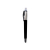 A ball pen with a silver and black design, featuring a highlighter at one end and a logo on the barrel.