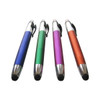 A set of four stylus pens in blue, green, purple, and orange, each with a silver tip and a clip for attaching.