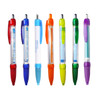 A collection of plastic pens in various colours: red, blue, transparent, orange, green, yellow, and purple, with logos.