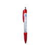 A red plastic pen with a transparent barrel, featuring a clip and a logo on the side.