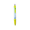 A plastic pen with a clear barrel, green and yellow accents, featuring a push-button mechanism.