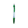A plastic pen with a clear barrel and green accents, featuring a click mechanism and a logo.