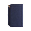 A navy blue passport holder with a textured finish and a zip closure. It features a simple design and a logo.