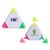 A triangular highlighter pen in white with pink, yellow, and green ends, featuring branding on one side.