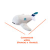 A plush toy shaped like an airplane, featuring white and teal colours, with a logo on one side.
