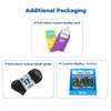A display of sock packaging options, featuring a variety of colours and designs, including a counter display and header card.