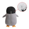 A penguin-shaped plush travel pillow in grey and black, featuring a zippered opening, with a close-up of the inner filling.