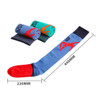 Knee high football socks in blue and red, with rolled pairs in teal and dark green. Includes a branding logo.