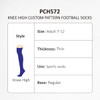 Knee high football socks in purple, featuring a custom pattern. Includes a branding logo. Thickness is thin.