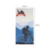 A RPET neck gaiter featuring a silhouette of a cyclist against a gradient blue and light background. Dimensions are 25cm by 50cm.