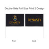 A rectangular cheering flag stick with a black background and yellow design, featuring a logo on one side.