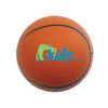 An orange basketball-shaped stress reliever with a textured surface and a logo.