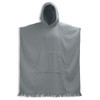 A hooded towel in a soft grey colour features a front pocket and fringe detailing. It has a simple design and a logo.
