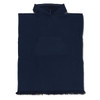 A navy hooded towel featuring a front pocket and fringed edges, with a logo on the fabric.
