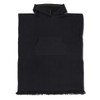 A black hooded towel featuring a front pocket and fringe detailing at the bottom. It includes a logo.
