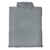 A grey hooded towel with a front pocket and fringed edges, featuring a logo.