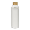 A drink bottle made of glass with a bamboo lid and a white neoprene sleeve. Features a logo.