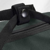 A close-up of a dark green duffle bag showing sturdy black straps and a button fastening. The bag has a textured surface.