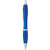 A blue plastic pen with a silver clip and trim. It features a smooth design and has a branding logo.
