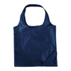 A navy foldaway tote bag with a single handle and a compact foldable design. It features a logo.