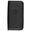 A black travel wallet with a textured finish and a logo embossed on the front.