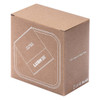 A brown cardboard box featuring a plant fibre design and a minimalist logo.