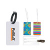 Three luggage tags in various colours, including a plain white tag with a logo and two patterned tags with designs.