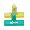 Three office clips in yellow and green, featuring branding on the surface.